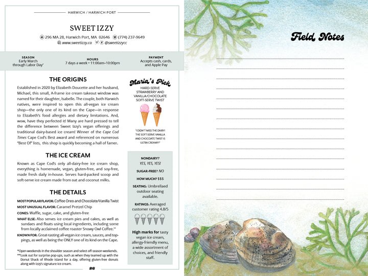 A menu for Cape Cod Cones featuring local ice cream origins, flavors, and details. At right is a Field Notes lined section with seaweed accents and two illustrated seashells. Published by Schiffer Publishing, Ltd.