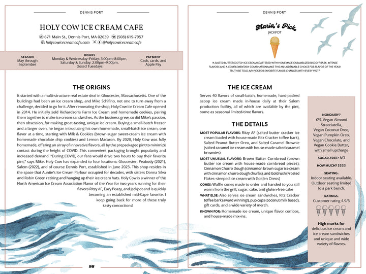 Two guidebook pages in Schiffer Publishing, Ltd.'s "Cape Cod Cones" showcase its local ice cream origins, menu highlights, unique flavors, and awards. Coastal blue waves decorate the bottom for a seaside flair.