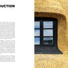 On the right, a dark-framed window in a straw-thatched wall—highlighting sustainable design—is featured; on the left, text under INTRODUCTION appears, referencing "10 Innovations That Will Shape Tomorrow's Architecture" by Schiffer Publishing, Ltd.