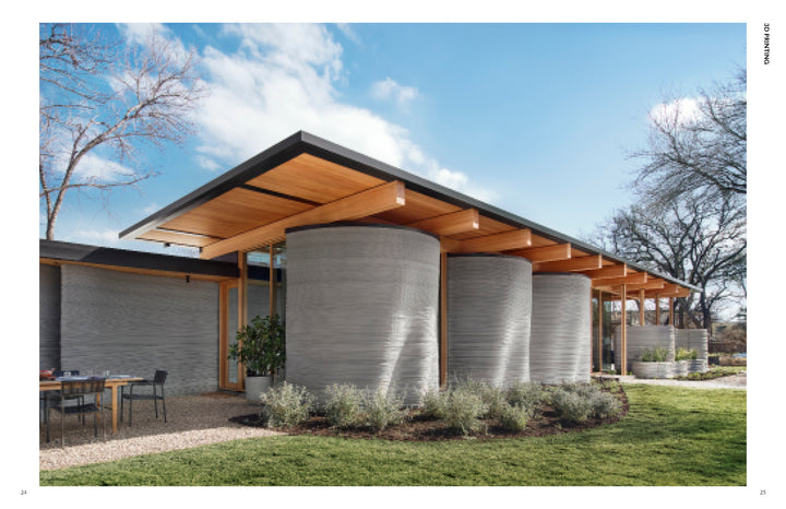 Showcasing ideas from "10 Innovations That Will Shape Tomorrow's Architecture" by Schiffer Publishing, Ltd., a modern building with curved concrete walls and a flat roof stands amid greenery, with outdoor furniture arranged on gravel nearby.
