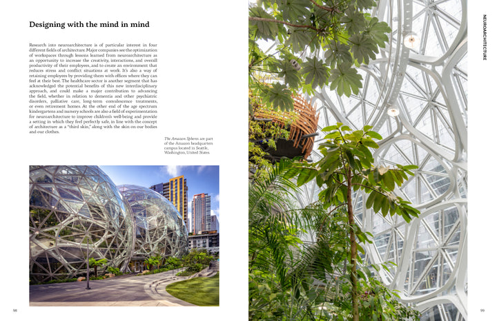 A magazine spread features "10 Innovations That Will Shape Tomorrow's Architecture" by Schiffer Publishing, Ltd., showcasing the Amazon Spheres—large glass domes with lush greenery amid city buildings as a highlight of architectural innovation.