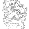 Celebrate Chadwick the Crab's 40th with Schiffer Publishing, Ltd.'s coloring postcards, featuring three smiling cartoon crabs stacked above playful "BFFS" text—perfect for customizing birthday cards or sharing colorful greetings!.