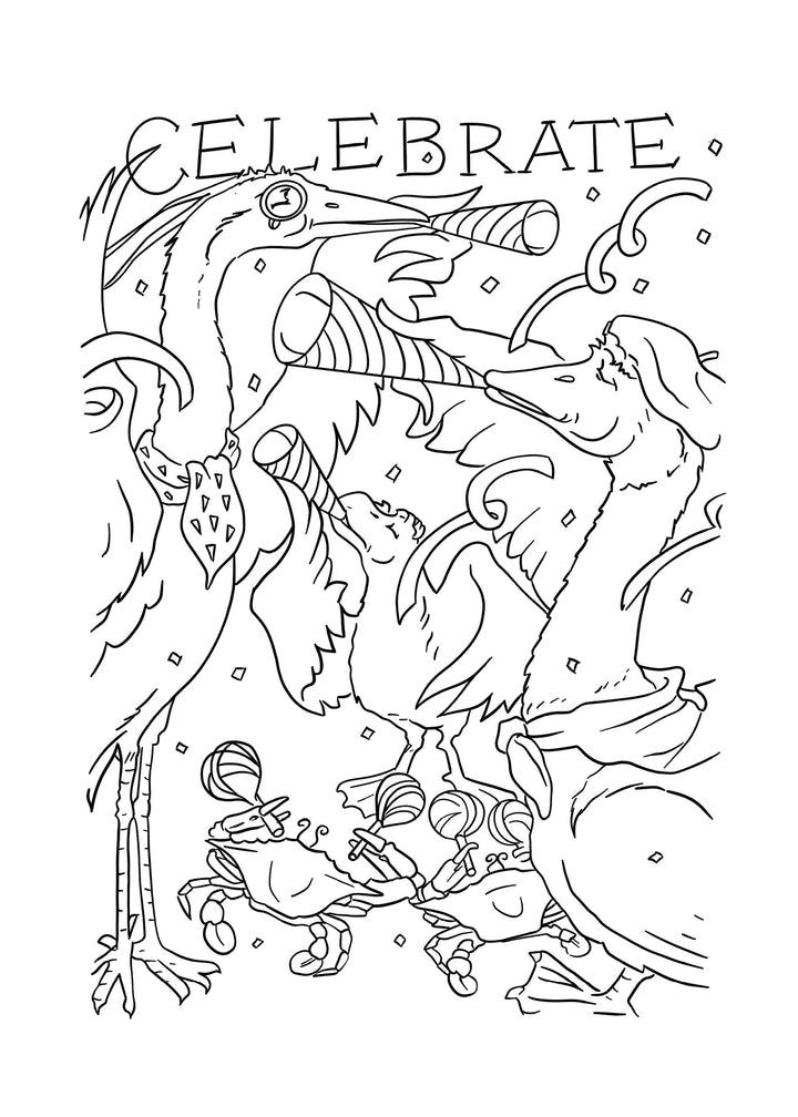 Schiffer Publishing, Ltd.’s "Chadwick the Crab's 40th Birthday Coloring Postcards" features three festive birds and Chadwick the Crab with a friend celebrating under “CELEBRATE”—a lively design perfect for birthday coloring fun!.