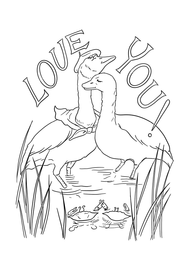 Two ducks in a pond with "LOVE YOU!" above and two frogs holding hands below, perfect for Chadwick the Crab's 40th Birthday Coloring Postcards by Schiffer Publishing, Ltd.—great for birthday or greeting cards.