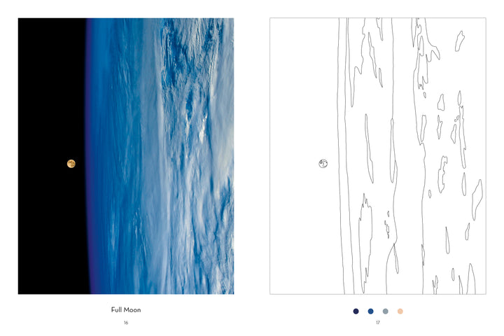 A full moon rises over Earth's blue atmosphere and clouds in this image, paired with a line drawing and color key from "The Earth from Space Coloring Book" by Schiffer Publishing, Ltd.—ideal for coloring inspired by satellite photos.