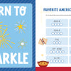 Left: “Born to Sparkle” with sparklers/fireworks on blue. Right: American Foods word scramble from the KindKids Super Spectacular Star-Spangled Puzzle Book by Schiffer Publishing, Ltd., featuring fun food art like hot dogs and pie.
