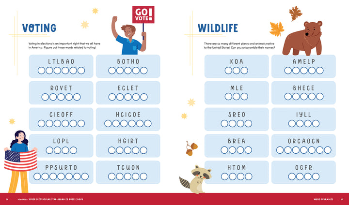 The KindKids Super Spectacular Star-Spangled Puzzle Book by Schiffer Publishing, Ltd. features a voting-themed word scramble with illustrated people and wildlife puzzles with animals like bears and raccoons, plus answer spaces for each USA-themed challenge.