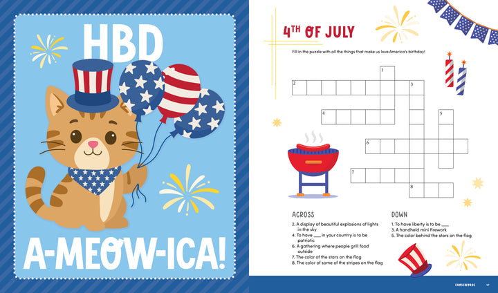 The KindKids Super Spectacular Star-Spangled Puzzle Book by Schiffer Publishing, Ltd. features a cat in a stars-and-stripes hat with patriotic balloons, 4th of July crossword, grill, fireworks, and U.S. flag—ideal for USA activity book fans.