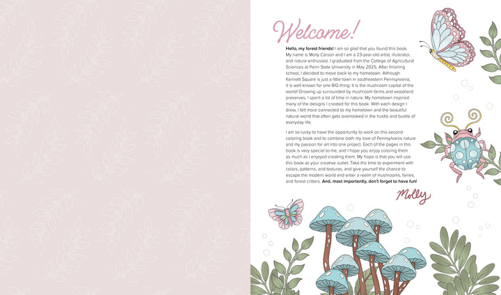 A two-page spread from the Wild & Whimsical Woodland Coloring Book by Schiffer Publishing, Ltd.: a pale pink left page with a white leaf pattern, and a right page with a welcome message and woodland creatures, mushrooms, leaves, and a butterfly.