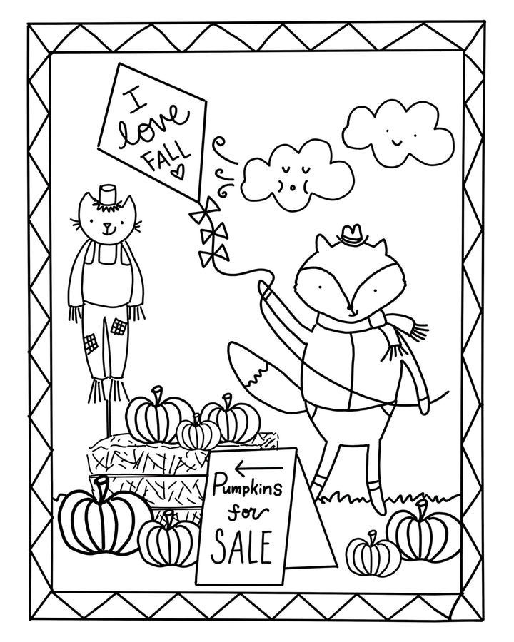 A charming fox from Pumpkin Patch Pals by Schiffer Publishing, Ltd. holds a kite emblazoned with “I love fall,” standing amidst pumpkins for sale. The scene features a cheerful scarecrow, smiling clouds, bales of hay, and a diamond-patterned border—ideal for any autumn-themed coloring book or seasonal art project.