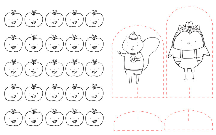 Coloring page from Pumpkin Patch Pals by Schiffer Publishing, Ltd., featuring 25 smiling apples on the left, a cartoon squirrel and a penguin wearing hats on the right, plus dashed lines for cutting out shapes at the bottom and around the animals—perfect for an autumn-themed art activity or to add to your fall-themed coloring book collection.