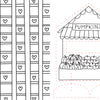 Pumpkin Patch Pals by Schiffer Publishing, Ltd. features a charming black and white pumpkin stand coloring page, with hearts in rectangles as the background pattern. The stand showcases pumpkins beneath a scalloped roof with a "PUMPKINS" sign, and dashed lines outline cut-out pieces—making it perfect for paper crafts or as part of your fall-themed coloring book collection.