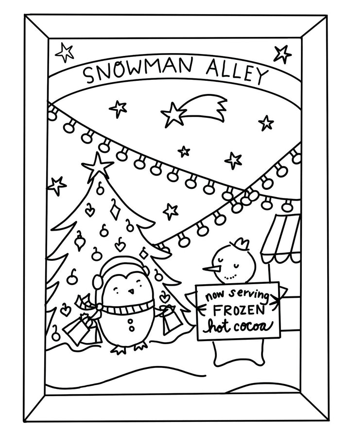 A holiday scene from the Christmas Market Crew coloring book by Schiffer Publishing, Ltd. features a penguin in earmuffs holding gifts beneath a tree, while a duck presents a “Now Serving Frozen Hot Cocoa” sign. Overhead, Christmas lights, a shooting star, and a banner reading “Snowman Alley” evoke the charming spirit of festive holiday art.