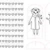 Featuring two cartoon animals in winter clothes standing beside cut-out outlines, the "Christmas Market Crew" by Schiffer Publishing, Ltd. is perfect for papercraft coloring books. On the left, six rows of heart outlines are neatly arranged in a grid, making this delightful black and white illustration ideal for holiday-themed art activities or as a festive addition to any Christmas Market coloring collection.