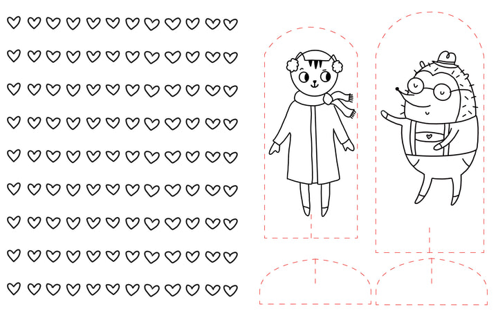 Featuring two cartoon animals in winter clothes standing beside cut-out outlines, the "Christmas Market Crew" by Schiffer Publishing, Ltd. is perfect for papercraft coloring books. On the left, six rows of heart outlines are neatly arranged in a grid, making this delightful black and white illustration ideal for holiday-themed art activities or as a festive addition to any Christmas Market coloring collection.