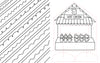 Black-and-white line drawing from *Christmas Market Crew* by Schiffer Publishing, Ltd., depicting a hot cocoa stand adorned with mugs, jars, and heart cookies—ideal for a cozy Christmas Market coloring book scene. The left side displays diagonal rows of wavy patterns, and several parts of the stand are highlighted with dashed red outlines.