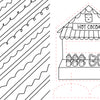 Black-and-white line drawing from *Christmas Market Crew* by Schiffer Publishing, Ltd., depicting a hot cocoa stand adorned with mugs, jars, and heart cookies—ideal for a cozy Christmas Market coloring book scene. The left side displays diagonal rows of wavy patterns, and several parts of the stand are highlighted with dashed red outlines.