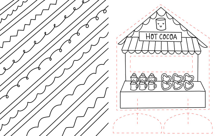 Black-and-white line drawing from *Christmas Market Crew* by Schiffer Publishing, Ltd., depicting a hot cocoa stand adorned with mugs, jars, and heart cookies—ideal for a cozy Christmas Market coloring book scene. The left side displays diagonal rows of wavy patterns, and several parts of the stand are highlighted with dashed red outlines.