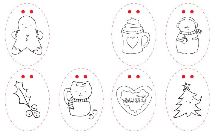Six oval outlines featuring Christmas-themed line drawings—including a gingerbread cookie, a mug with whipped cream, a figure in earmuffs, holly leaves with berries, a bear in a mug, a heart-shaped cookie, and a Christmas tree—make this an ideal paper craft coloring book page for holiday art projects or the perfect addition to your "Christmas Market Crew" collection from Schiffer Publishing, Ltd.