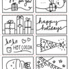 Eight black-and-white holiday cards from the Christmas Market Crew collection by Schiffer Publishing, Ltd. showcase festive doodles inspired by holiday-themed art—including gifts, a snowman, a reindeer mug, a Christmas tree, and twinkling lights—alongside cheerful greetings like “a gift for you,” “happy holidays,” and “ho ho hot cocoa.” Perfect for fans of paper craft coloring books or anyone seeking the cozy charm of a Christmas Market, each card feels truly special.