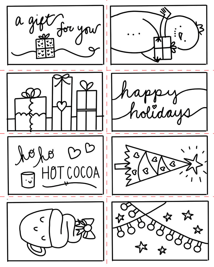 Eight black-and-white holiday cards from the Christmas Market Crew collection by Schiffer Publishing, Ltd. showcase festive doodles inspired by holiday-themed art—including gifts, a snowman, a reindeer mug, a Christmas tree, and twinkling lights—alongside cheerful greetings like “a gift for you,” “happy holidays,” and “ho ho hot cocoa.” Perfect for fans of paper craft coloring books or anyone seeking the cozy charm of a Christmas Market, each card feels truly special.