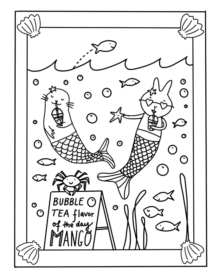 In "Under the Sea Besties" by Schiffer Publishing, Ltd., a seal and rabbit enjoy bubble tea underwater with fish, bubbles, seaweed, and a crab holding a sign: "Bubble Tea flavor of the day—Mango!" Perfect for ocean-themed coloring fun.