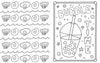 Black and white coloring page from Under the Sea Besties by Schiffer Publishing, Ltd.; left side shows smiling sea shells and waves, right side has a bubble tea drink with stars and “Bubble Time” in bold letters.
