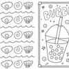 Black and white coloring page from Under the Sea Besties by Schiffer Publishing, Ltd.; left side shows smiling sea shells and waves, right side has a bubble tea drink with stars and “Bubble Time” in bold letters.