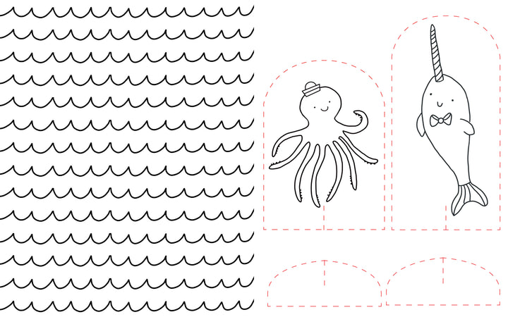 Black and white drawing of ocean waves beside cut-out templates for a smiling octopus with a hat and a narwhal with a bow tie. Two semicircle bases create stand-up dolls from the Under the Sea Besties coloring book by Schiffer Publishing, Ltd.