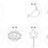 Under the Sea Besties by Schiffer Publishing, Ltd. features eight outlined oval frames with two red dots, each displaying line art of a bubble tea, narwhal, seashell, fish, oyster, star wand, and smiling bubbles—ideal for ocean-themed coloring books.