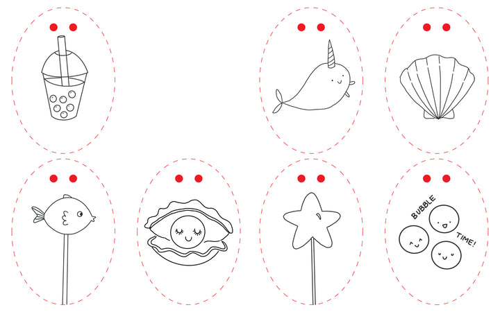 Under the Sea Besties by Schiffer Publishing, Ltd. features eight outlined oval frames with two red dots, each displaying line art of a bubble tea, narwhal, seashell, fish, oyster, star wand, and smiling bubbles—ideal for ocean-themed coloring books.