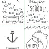 Enjoy four black-and-white pages from Schiffer Publishing, Ltd.'s "Under the Sea Besties": fish swimming, “stay in school” with fish, an anchor with a heart, and a dolphin sailor saying “AHOY.” Each has a “Colored with ♥ by” box.