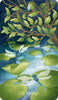 A pond with lily pads, fish, and dragonflies forms a magical forest scene on The Liminal Woods Oracle by Schiffer Publishing, Ltd. Leafy branches frame a blue droplet above. Card 23 is titled "Kinship" in this oracle deck image.