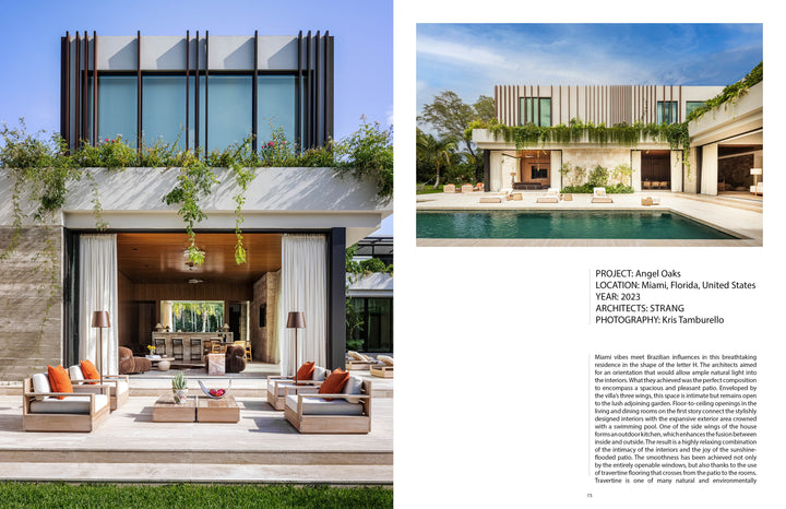 Patio Living by Schiffer Publishing, Ltd. showcases a modern villa with floor-to-ceiling glass doors, spacious patio and pool, warm-toned seating, lush gardens, and striking architectural design for seamless indoor-outdoor living.