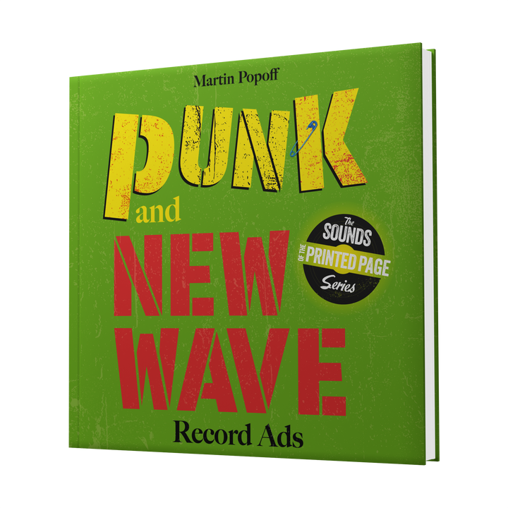 Punk and New Wave Record Ads by Schiffer Publishing, Ltd. is a green book with bold yellow and red text and a black circular label, showcasing a visual history of punk and new wave music via striking promotional art.