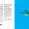 A striking visual history from Schiffer Publishing’s "Punk and New Wave Record Ads": left page with dense text and Martin Popoff’s short bio; right page displays a blue background with bold yellow and white “1 ‘Physically abusive guitar playing’ PROTOPUNK.”.