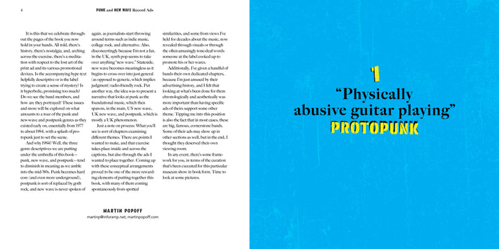 A striking visual history from Schiffer Publishing’s "Punk and New Wave Record Ads": left page with dense text and Martin Popoff’s short bio; right page displays a blue background with bold yellow and white “1 ‘Physically abusive guitar playing’ PROTOPUNK.”.