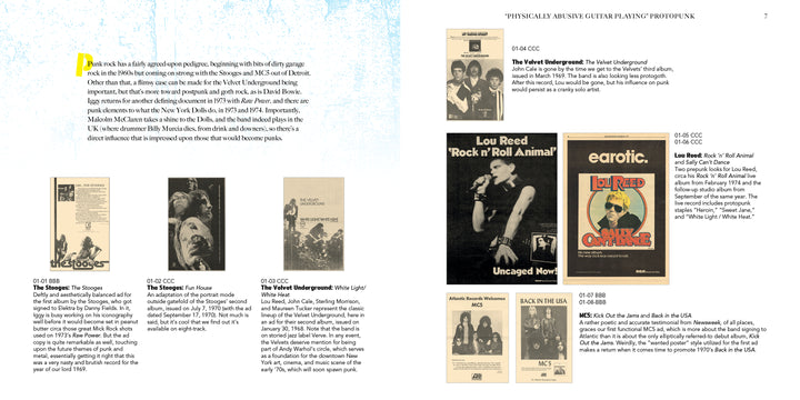 A two-page spread from Punk and New Wave Record Ads (Schiffer Publishing, Ltd.) features text and images of album covers and posters, showcasing the influence of graphic design on music against a white background.