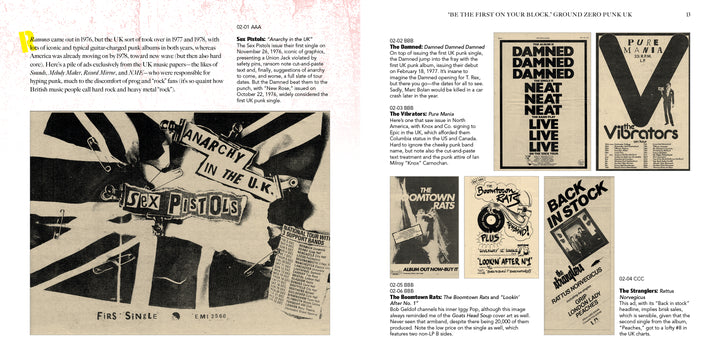 A two-page spread from *Punk and New Wave Record Ads* by Schiffer Publishing, Ltd., showcases vintage album covers, posters, and flyers with text columns highlighting bands and releases in this visual music history.