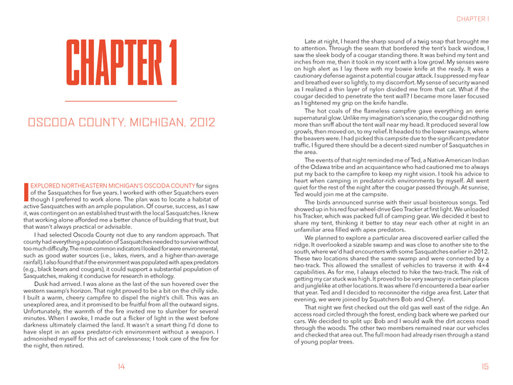 An open book titled "Sasquatches" by Schiffer Publishing, Ltd. shows CHAPTER 1: Oscoda County, Michigan, 2012, with intro text and a highlight on the left page and the start of a Sasquatch research narrative on the right.