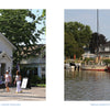 Left: Small white museum with American flag and visitors, reflecting Midwest vacation charm. Right: Red sailboats on calm water by waterfront homes at Shores & Islands Ohio. Brand: Schiffer Publishing, Ltd.