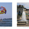 Left: A parasail prepares to lift off from a boat on Lake Erie, part of Shores & Islands Ohio. Right: A fountain splashes in a sunlit plaza with historic buildings and an archway in downtown Sandusky.