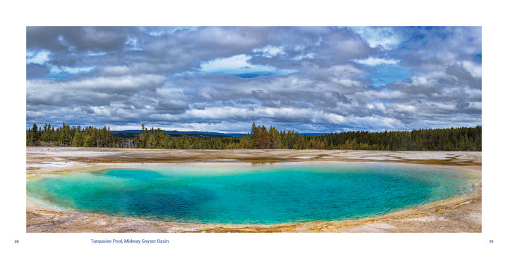 A vibrant turquoise hot spring steams amid rocky earth and forest under a cloudy sky in Yellowstone National Park, captured in this Schiffer Publishing, Ltd. edition highlighting the geothermal wonders of the Midway Geyser Basin.