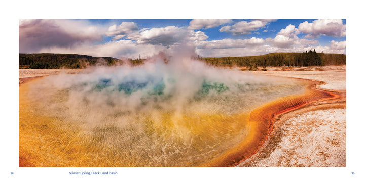 Experience the vivid blue, green, yellow, and orange rings and rising steam of Yellowstone National Park’s geothermal wonders with this Schiffer Publishing, Ltd. guide—set amid open landscapes, trees, and partly cloudy skies.