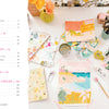 A vibrant art setup displays watercolors, brushes, a sketchbook with modern designs, and a palette. On the left is the table of contents for Schiffer Publishing, Ltd.'s "Good Vibes Art Club Learn to Draw" beginner art book in pink and black text.