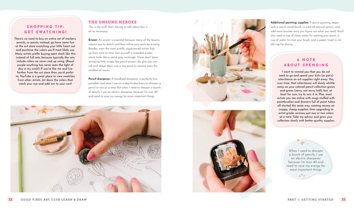 A magazine spread features Schiffer Publishing's Good Vibes Art Club Learn to Draw: art supplies, hands drawing flowers, stone painting, plus tips on swatching, motifs, and beginner-friendly spending advice.