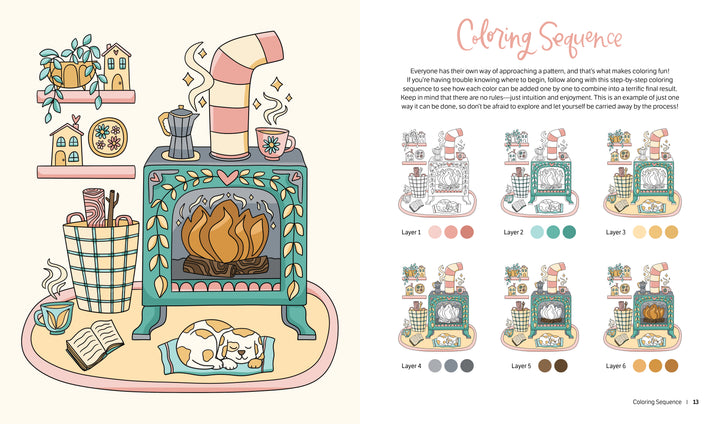 Enjoy The Very Cozy Coloring Book by Schiffer Publishing, Ltd., featuring a cozy scene with a teal wood stove, fire inside, coffee pot, books, yarn basket, mug, and sleeping cat—with a step-by-step coloring guide for relaxing illustrations.