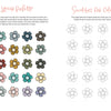 The Very Cozy Coloring Book by Schiffer Publishing, Ltd. features labeled palettes—Misty Mountains, Very Vintage, Autumn Knit, Springtime Sweetness, Pastel Hygge—with six colored flower icons and blank floral illustrations for testing colors.