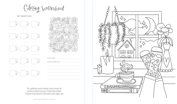 Enjoy relaxing with The Very Cozy Coloring Book by Schiffer Publishing, Ltd., featuring a swatch section and a cozy winter scene—steaming mug, books, mittens, candle, plants, and a snowy cottage visible through a nighttime window.