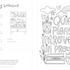 The Very Cozy Coloring Book by Schiffer Publishing, Ltd. features a tea shelf with swatch section and a “Quiet please! Introverting in progress” page with mugs, books, rainbow, plants, and stars—perfect for relaxing coloring book fans.